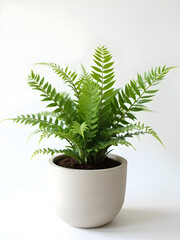 Fototapeta premium Lush green fern in a white pot against a clean white background indoors