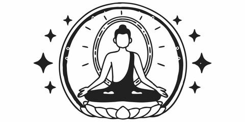 a buddha figure meditating on a lotus flower surrounded by stars and a radiant halo