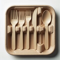 Biodegradable cutlery packaging with utensils isolate on a white background