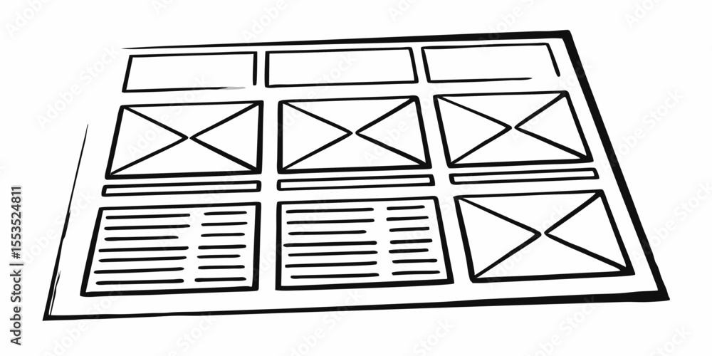 Poster sketch of a wireframe layout with rectangles, cross marks and horizontal lines in black and white st