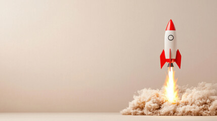 Rocket icon symbolizing growth, launching with flames and smoke, represents innovation and progress
