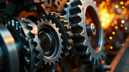 mechanical metal gears in motion with glowing orange sparks and cinematic lighting, symbolizing industrial strength, precision engineering, power, and advanced manufacturing systems
