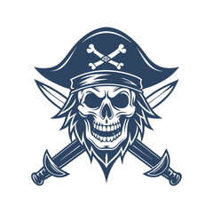 Pirate Skull with Hat and Crossed Swords – Hand Drawn Jolly Roger Emblem in Tattoo Style Isolated on White Background.