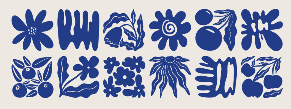 Abstract flowers, leaves minimal posters set. Modern floral botanical decorative prints, contemporary naive simple plant fruits corals shapes. Vector collection