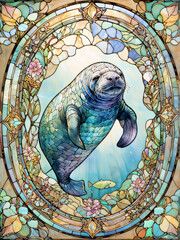 Stained Glass Manatee Serenity: A gentle sea cow drifts amidst colorful aquatic patterns illuminated by shimmering light.