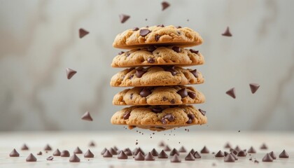 Stack of chocolate chip cookies with chocolate chips falling on the table