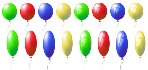 Set of balloons on isolated white background. Festive balloons for birthday, wedding, party decoration. Red, blue, green, yellow.
