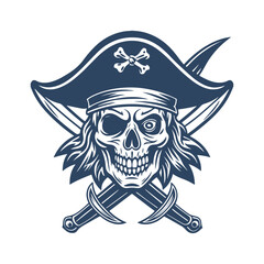 Pirate Skull with Hat and Crossed Swords – Hand Drawn Jolly Roger Emblem in Tattoo Style Isolated on White Background.
