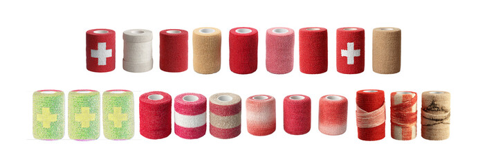 Pack of Medical Bandages Variety of Colors and Patterns for First Aid and Wound Care against transparent Background