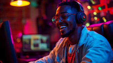 Smiling person with headphones sits at a computer in a colorful, dimly-lit room. Concept of gaming, entertainment, relaxation. For lifestyle photo.