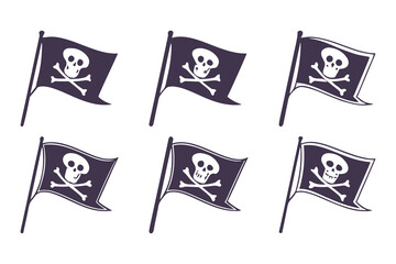 Set of Pirate Flags with Skull and Crossbones Icons. Jolly Roger Symbols in Various Waving and Flat Flag Styles Vector Illustration