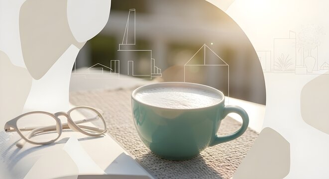 Morning coffee break with glasses and newspaper overlayed with factory industry line art concept