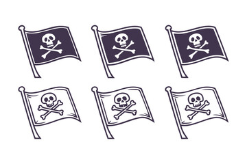 Set of Pirate Flags with Skull and Crossbones Icons. Jolly Roger Symbols in Various Waving and Flat Flag Styles Vector Illustration