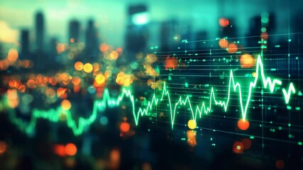 Abstract city skyline with green financial line graph - Powered by Adobe