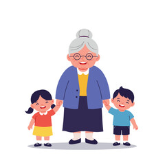 Grandma smiling with children holding hands in a colorful illustration  