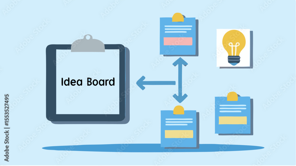 Poster idea board with clip board and sticky notes connected with arrows and light bulb icon