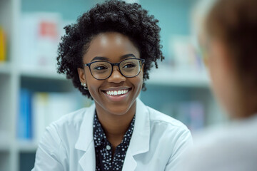 A woman in a white coat, wearing glasses, smiles while talking to someone in a room with shelves. Concept of professionalism and friendliness. For medical website.
