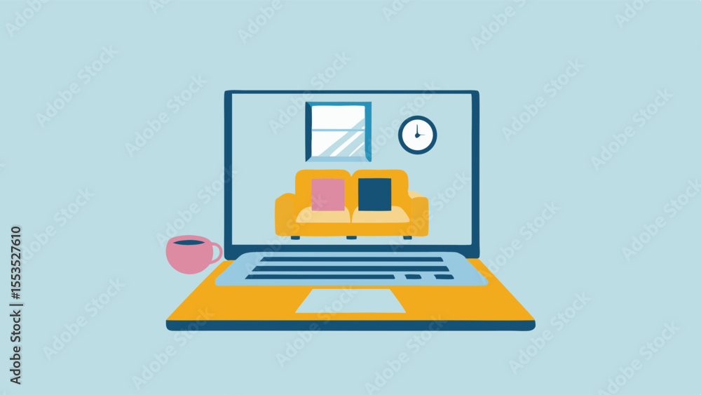 Poster laptop displaying a living room scene with sofa window and clock in a virtual environment view