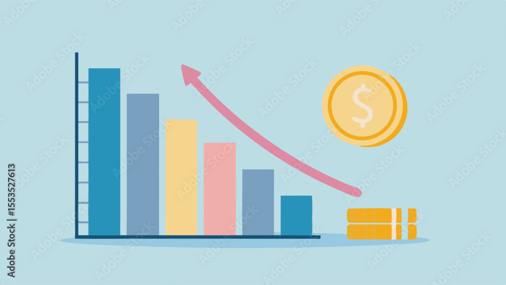 Poster a bar graph showing a decline with an arrow and coins indicating loss of money