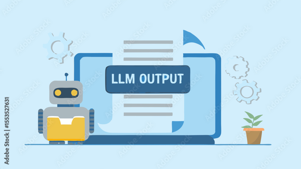 Poster laptop displaying llm output document with robot assistant and gears in a light blue scene setup