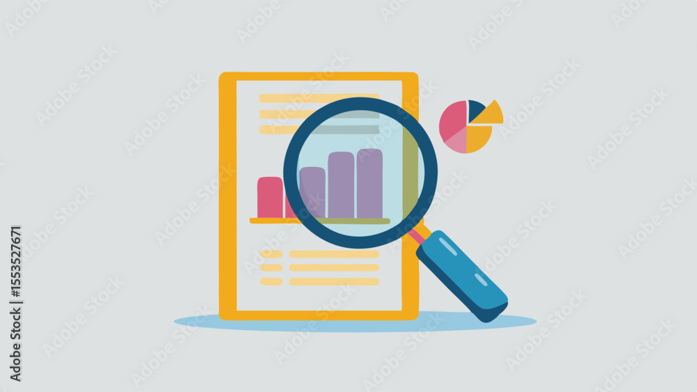 Poster a document with bar graph and pie chart being analyzed with a magnifying glass tool