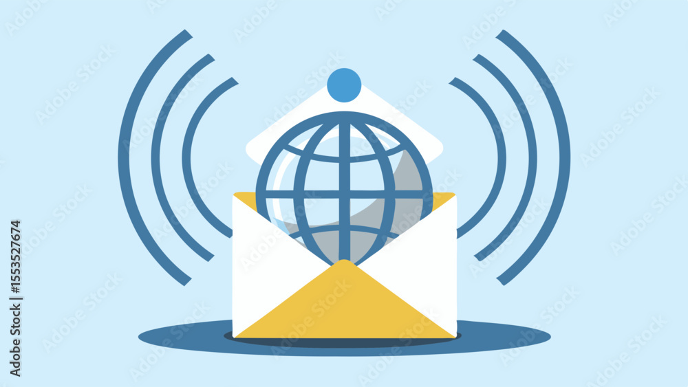 Poster a globe inside an envelope with signal waves emanating from the sides design