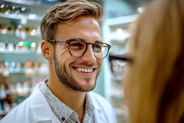 A smiling man in a lab coat and glasses is talking to a blurred person in an eyewear store. Concept of professional interaction. For eye care services photo.