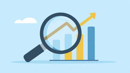 Magnifying glass focusing on a bar graph with an upward trend line against a light blue background