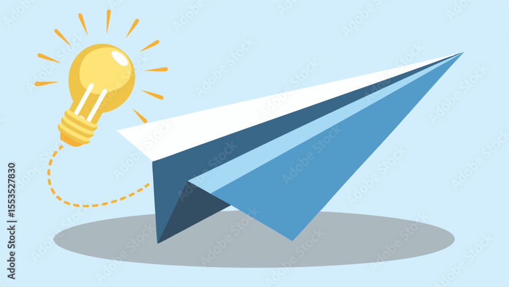 Poster a paper airplane with a lightbulb connected by a dotted line on a light blue background design image