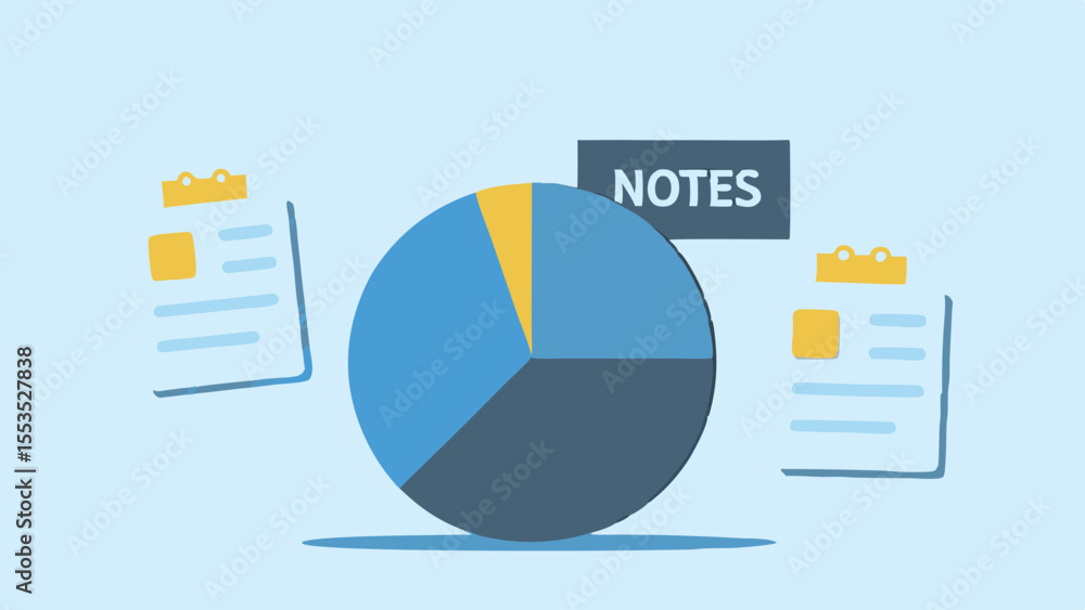 Poster pie chart with notes and documents showing data analysis and presentation of information visually