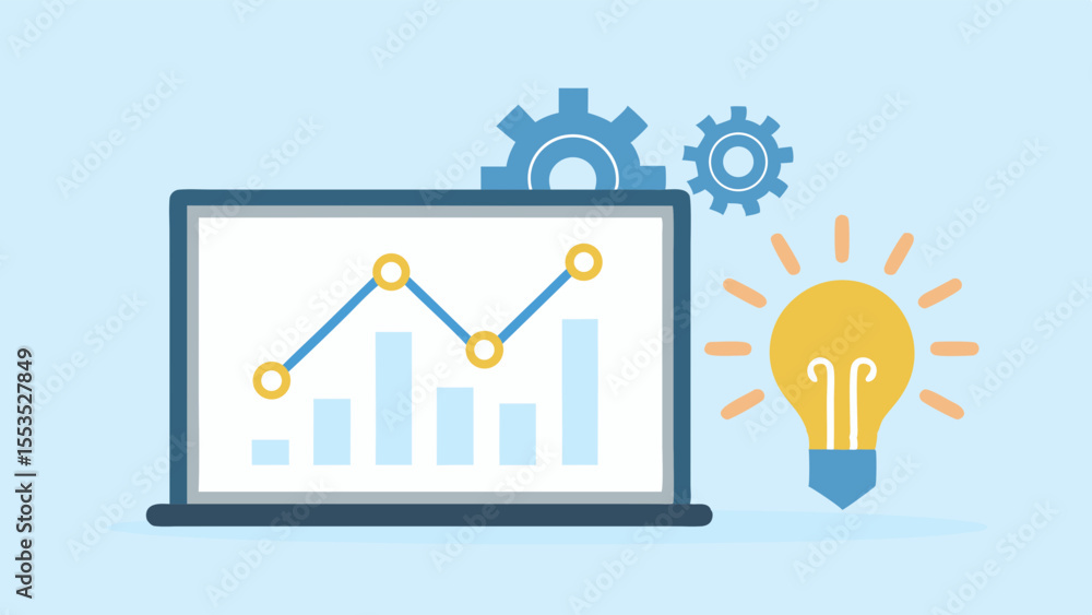 Poster laptop displaying a line graph with gears and a lightbulb on a light blue background illustration