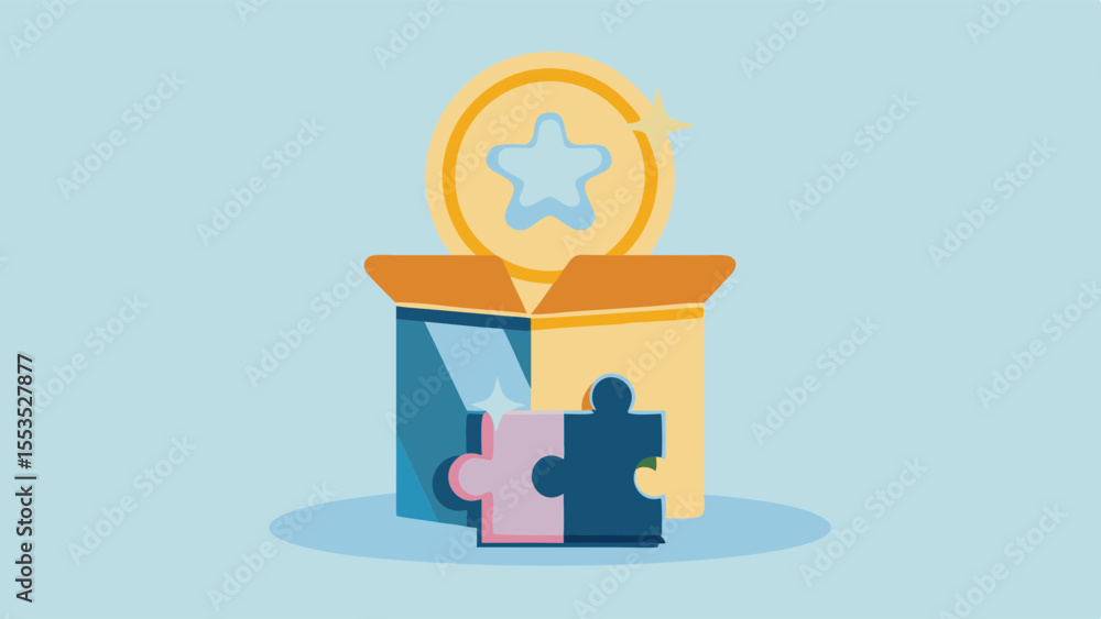 Poster a box with a coin with a star inside and puzzle pieces in front on a light blue background flat desi