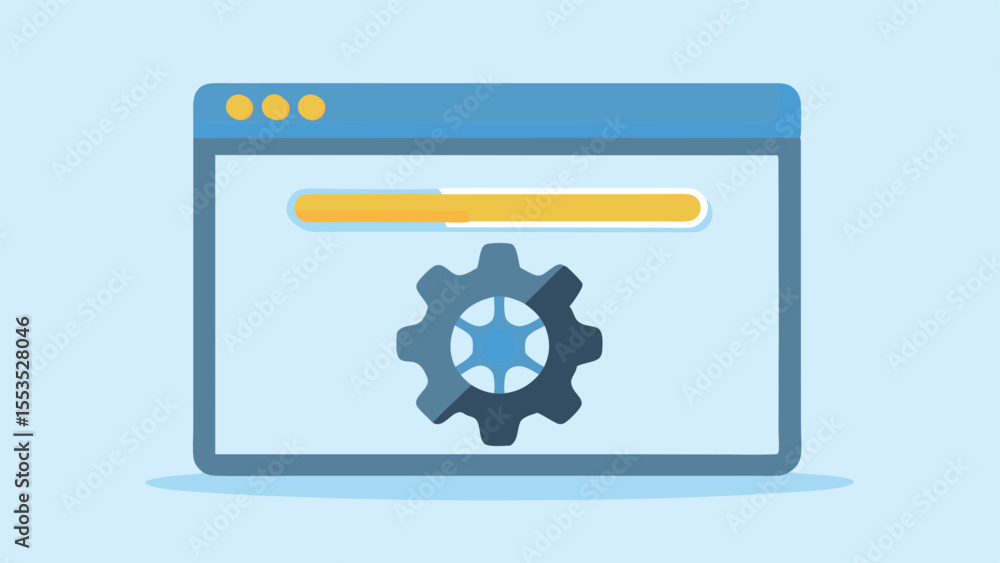 Poster blue browser window displaying a progress bar and a gear icon in the center of the screen view