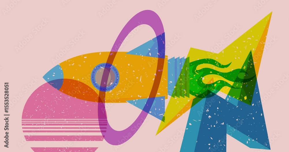 Poster risograph rocketship with geometric shapes animation. moving object in trendy riso graph design vide