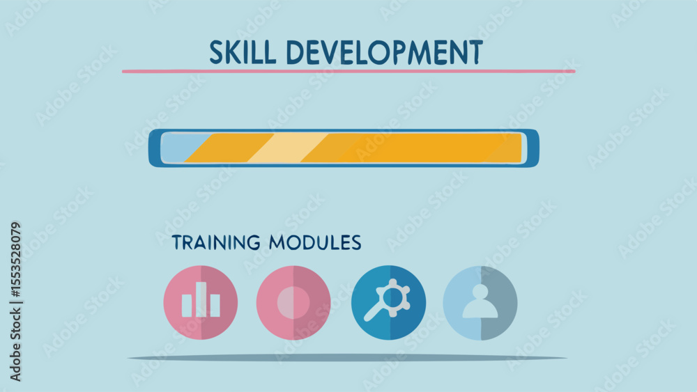 Poster skill development progress bar with training modules and icons on a light blue background design