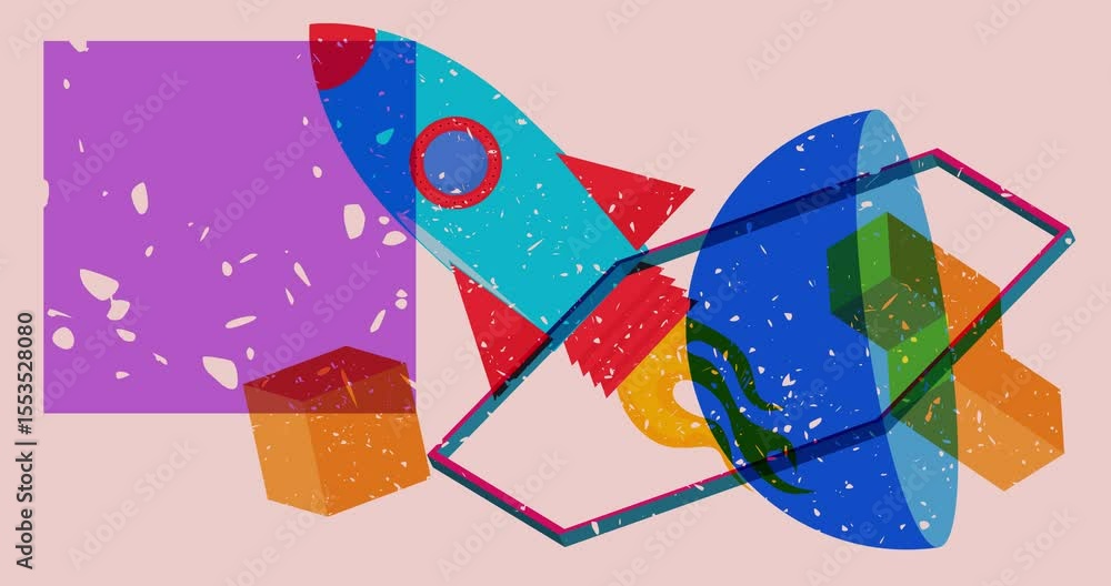 Poster risograph rocketship with geometric shapes animation. moving object in trendy riso graph design vide