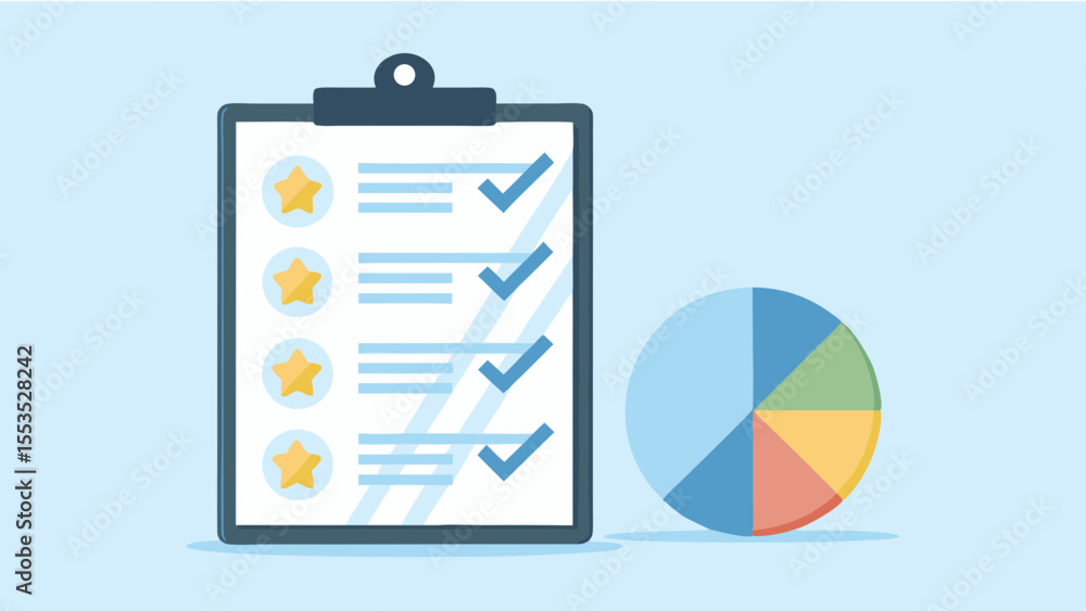 Poster clipboard with stars and checkmarks next to a pie chart representing data analysis and task completi