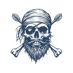 Vintage Pirate Skull with Beard, Eyepatch, and Crossed Bones. Hand Drawn Tattoo Style vector Illustration on White Background
