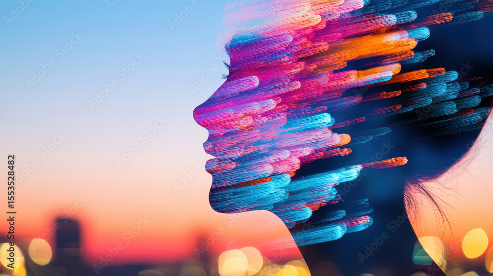 Poster surreal figure with vibrant colors and abstract patterns, representing creativity and emotion agains