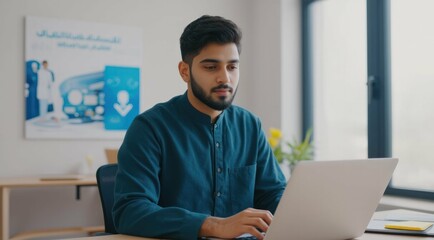 Focused man works on his laptop at office desk during the day.