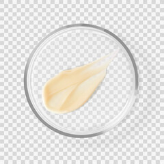 Glass Petri dish with retinol serum moisturizer cream stroke isolated realistic vector illustration. Concept laboratory cosmetics tests and research
