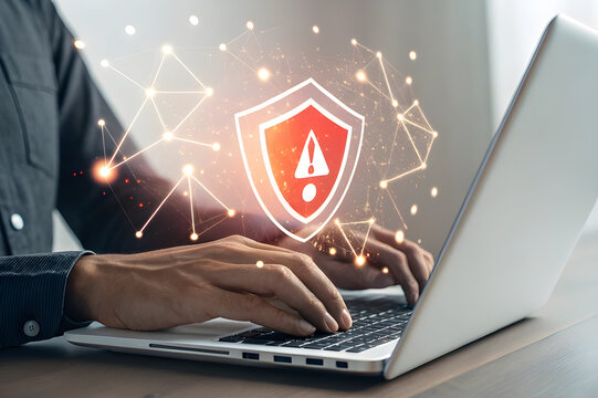 Laptop Displaying Virus Alert with Red Warning Icons and Holographic Interface

