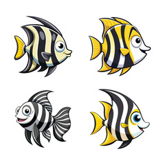 Striped fish with black and yellow accents and happy expression vector illustration isolated on white background