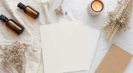 Spa, wellness, and relaxation concept with blank papers. Flat lay