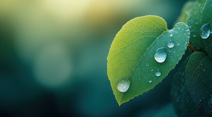 Green leaf with water drops; nature and refreshing environment concept