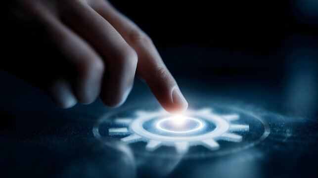 A hand interacting with a holographic gear icon on a futuristic digital interface - Powered by Adobe