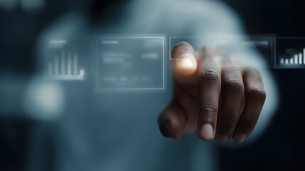 Hands manipulating a digital interface with and data analytics visualizations