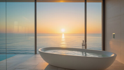 Obraz na płótnie Canvas Minimalist spa bathroom with ocean view and warm natural light reflecting on a white tub. Perfect for wellness, resort, or interior design themes.
