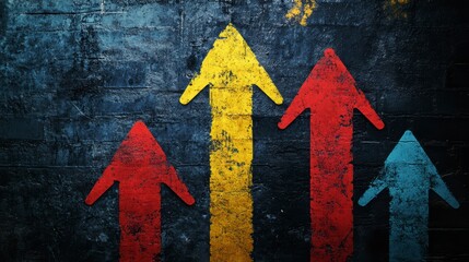 Colorful arrows painted on a grunge brick wall, symbolizing growth and progress.