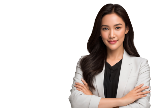 Confident executive businesswoman in professional attire standing with arms crossed, smiling and looking at the camera - Powered by Adobe
